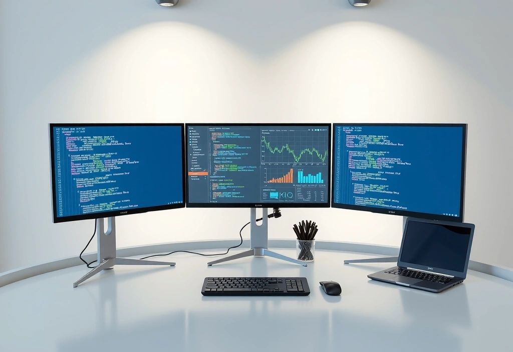 Modern development workspace with multiple monitors showing code and financial charts